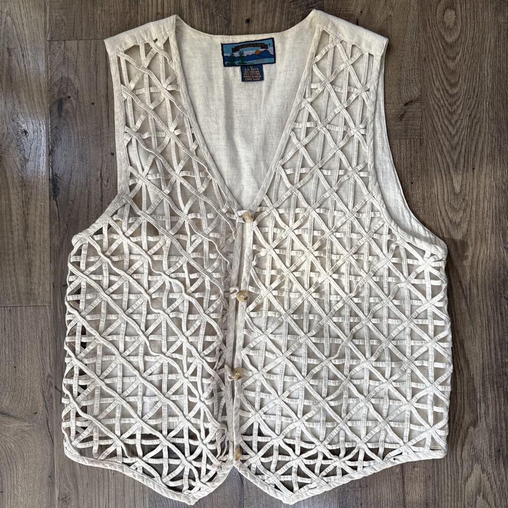 Vintage 90s Shaver Lake Woven Ribbon Lattice Vest Women's Large Boho Cottagecore